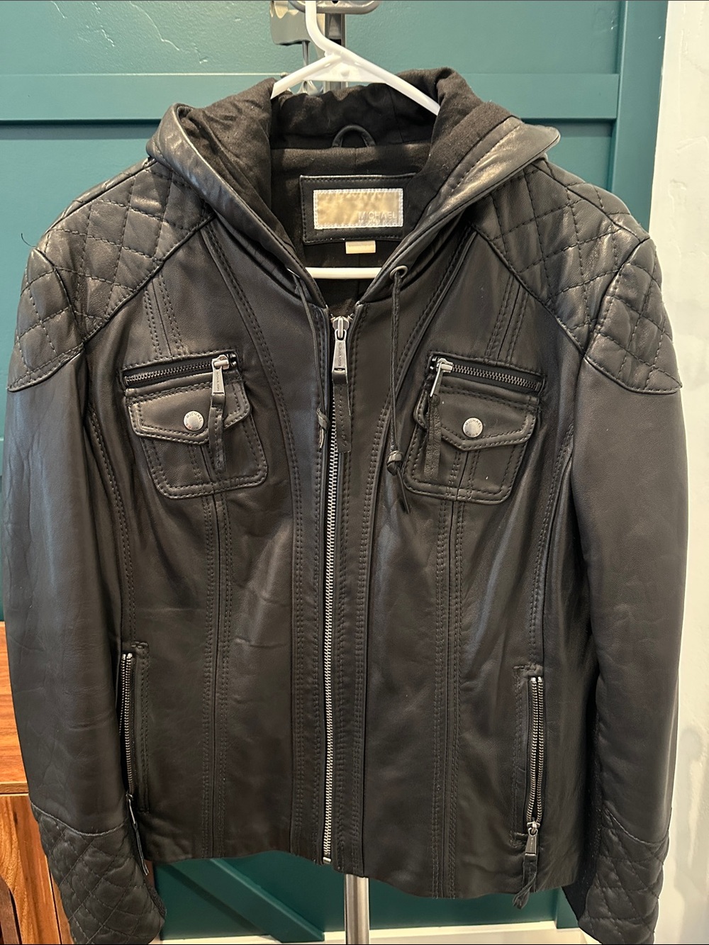 Women’s Michael Kors Black Quilted Shoulder Leather Jacket with Hood